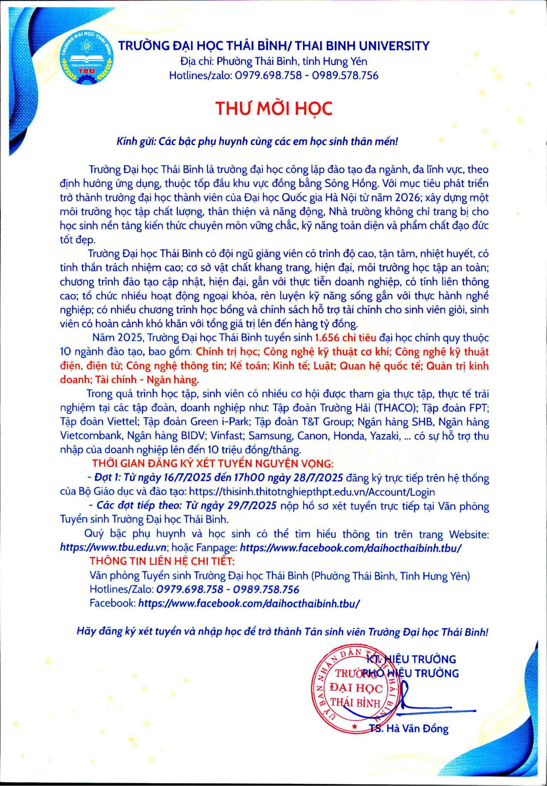 THƯ MỜI HỌC CỦA TRƯỜNG ĐẠI HỌC THÁI BÌNH